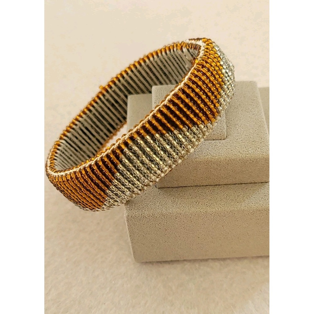 Geometric Beaded Cuff Bracelet Wide Modernist Chevron Boho Statement Metallic
